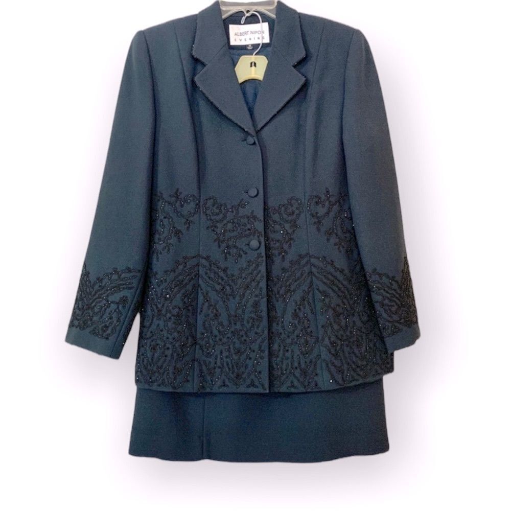 Albert Nipon Evening Dress Suit w/skirt Sz 10 Dusty Blue w/Black embellishments